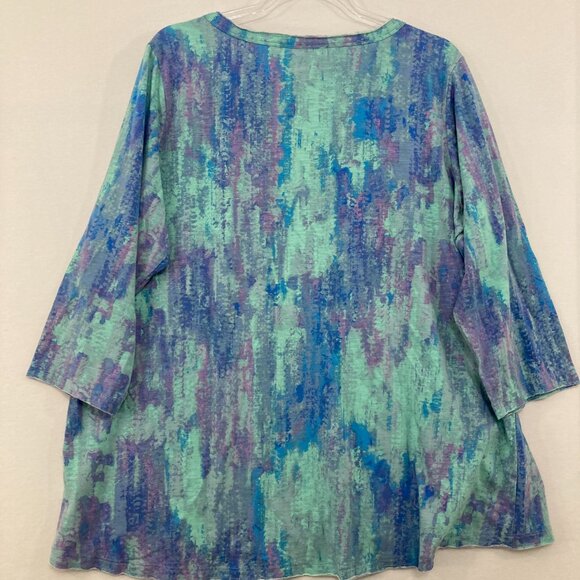 Belle by Kim Gravel size 1X Blue Purple Abstract V neck Stretch 3/4 Sleeve Top - Picture 9 of 10